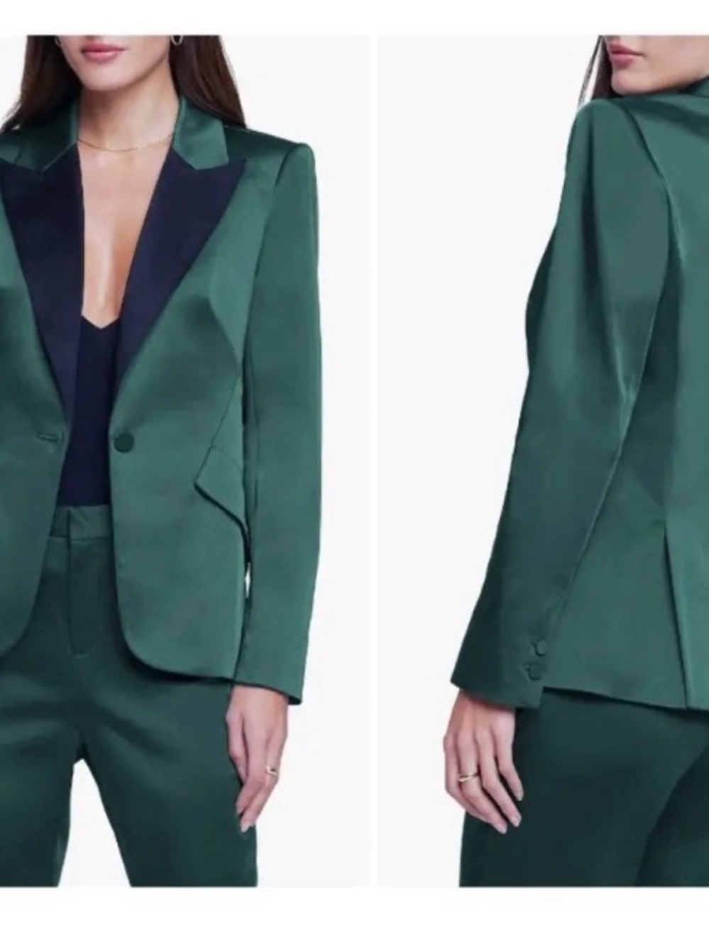L'AGENCE Emerald Green Satin Tuxedo Blazer with Black Lapel